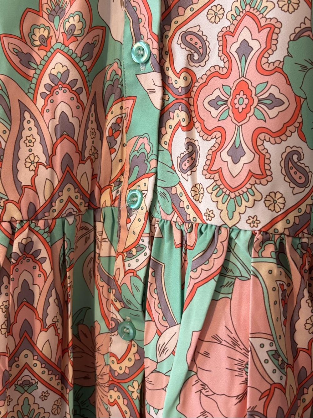 Summer Mint Green Paisley Floral Button-Up Babydoll Concert Dress - Picture 6 of 11